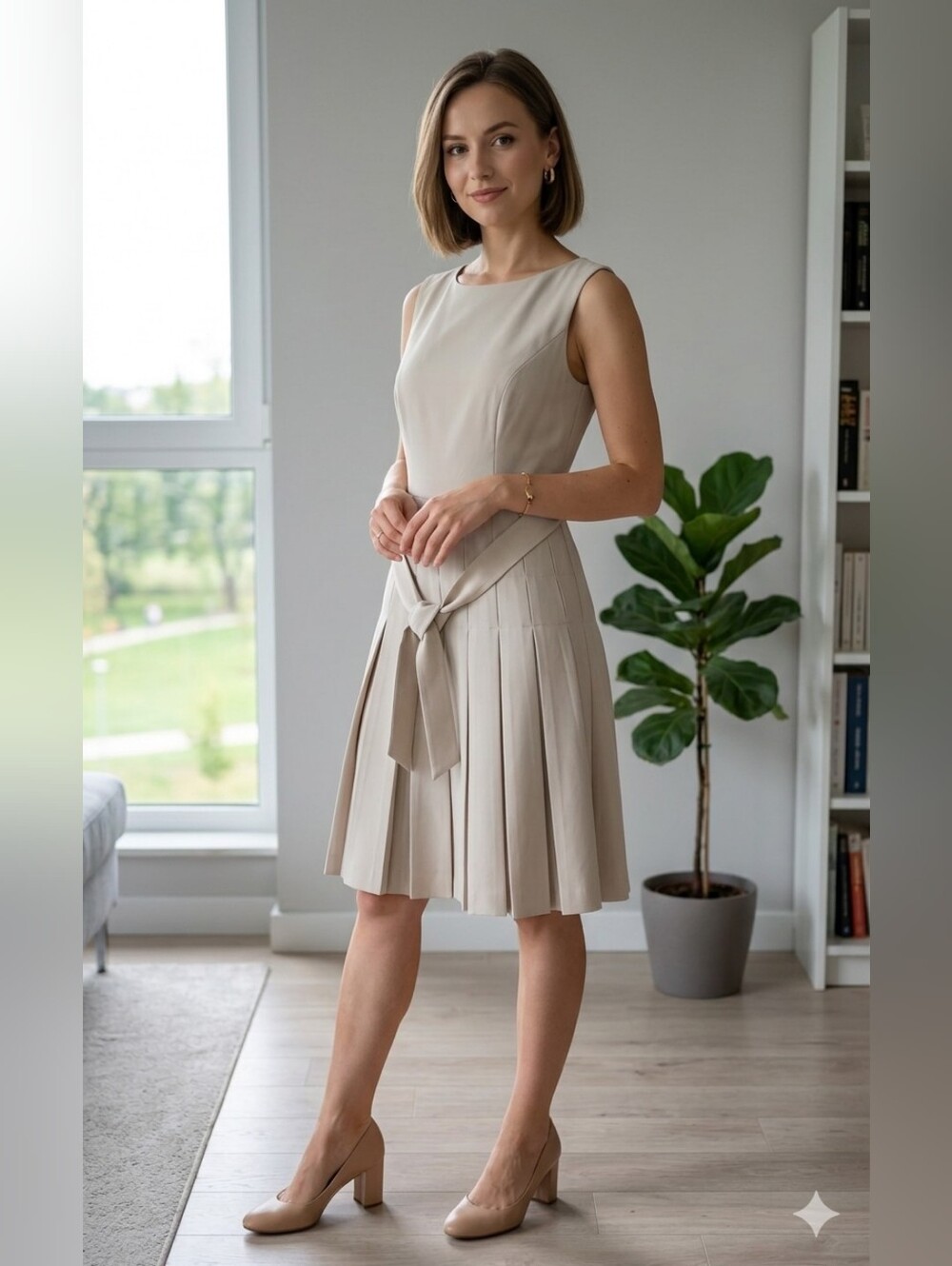 Calvin Klein Beige Pleated Tie-Waist Sleeveless Dress